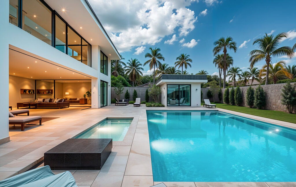 A swimming pool surrounded by stylish lounge chairs for relaxation and leisure.