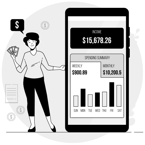 A black and white drawing of a woman holding a smartphone featuring a graph that represents her financial expenditures.