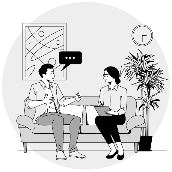 A black and white drawing of a man and woman engaging in conversation while seated on a comfortable couch in a cozy living room setting.