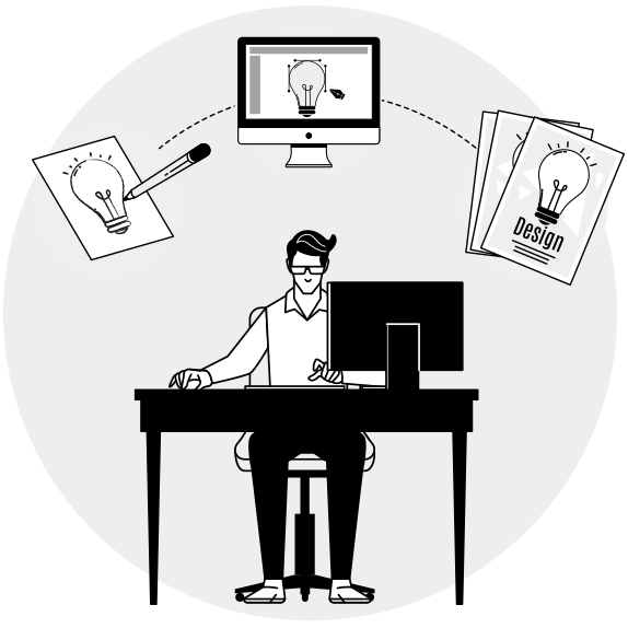 A black and white drawing of a man working at a desk with a computer.