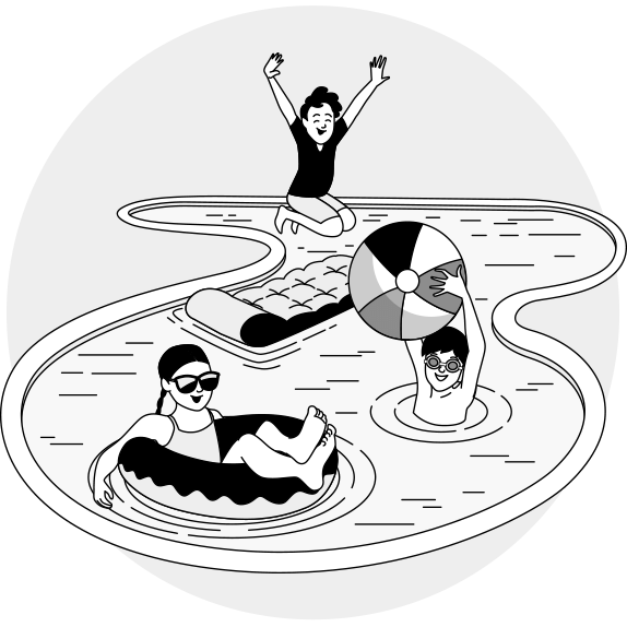 A black and white drawing of a family relaxing and having fun in a swimming pool, emphasizing familial bonds.