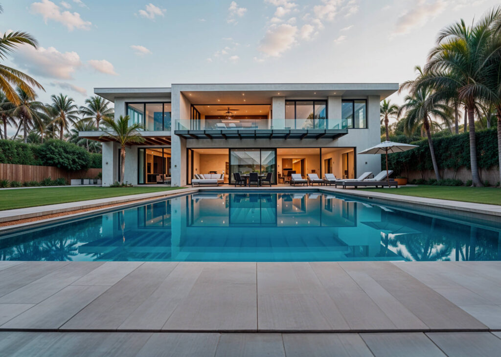 A swimming pool surrounded by lush palm trees, showcasing a serene outdoor living space.