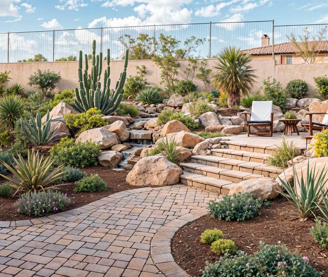 A tranquil backyard desert garden with a stone pathway surrounded by various cactus plants, showcasing natural beauty.