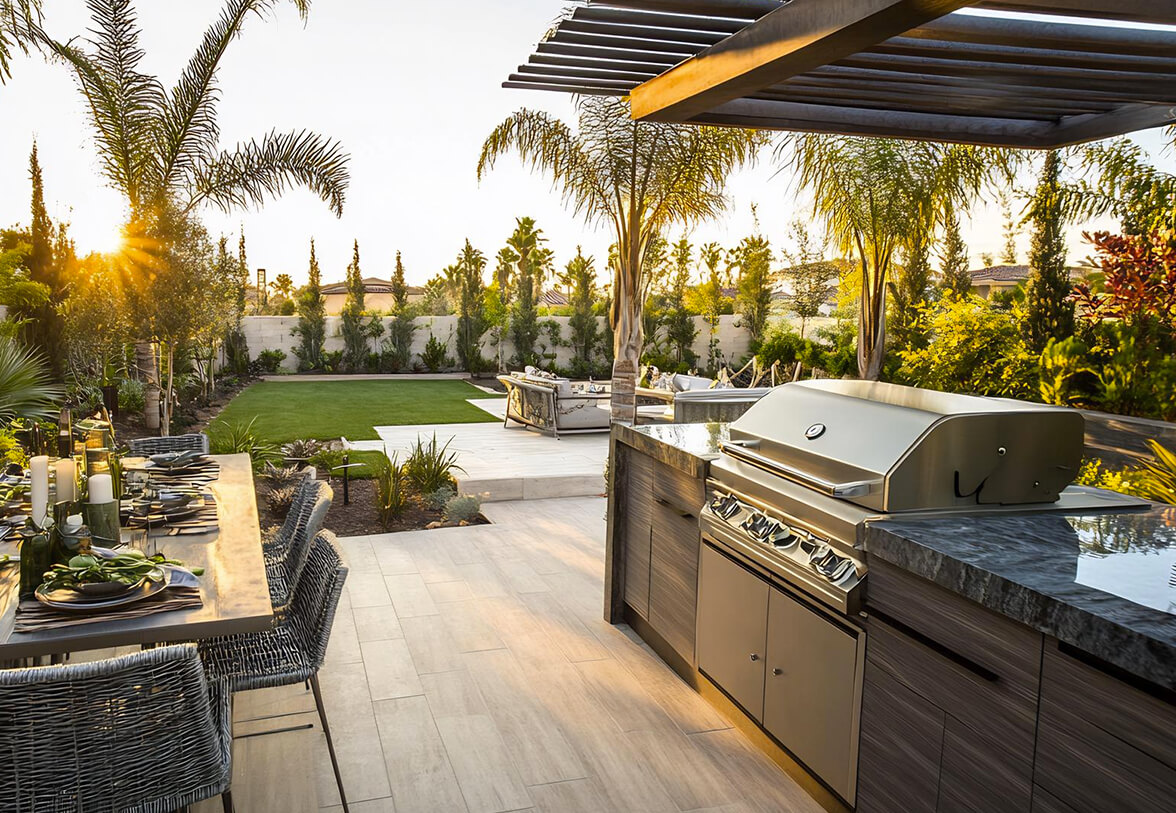 An outdoor kitchen featuring a grill and a dining table, set in a spacious garden environment, ideal for gatherings.