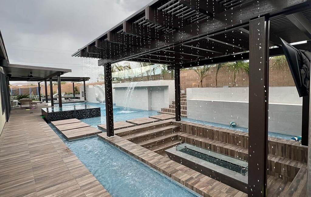 Swimming pool with covered seating area